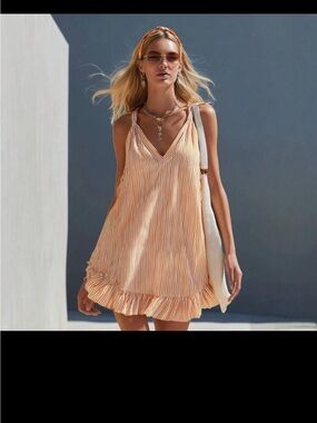 Striped Peach V-Neck Ruffle-Hem Mini Dress